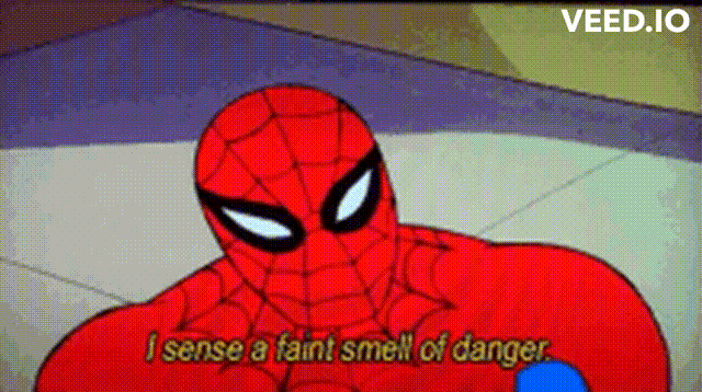 A gif of spiderman sensing danger, and a gun coming into frame pointed at him. Above the gun is the name of the pre-workout.