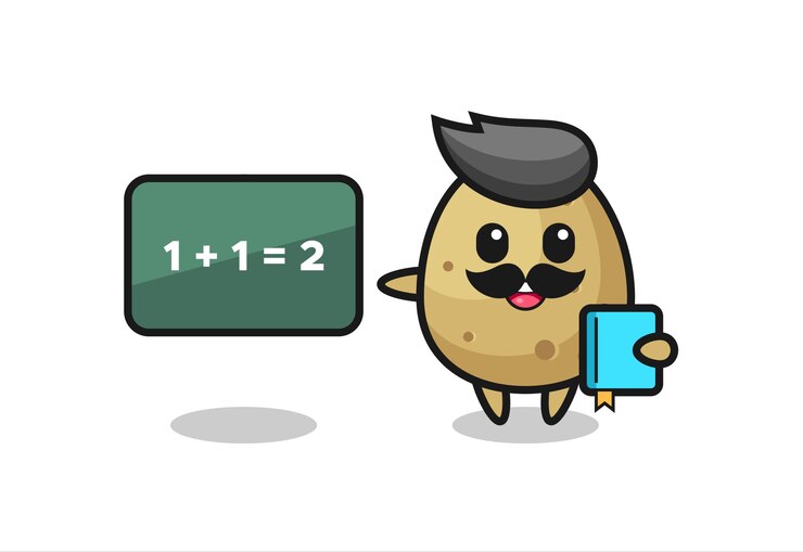 A cartoon image of a teacher that looks like a potato pointing at a simple equation on a chalkboard.