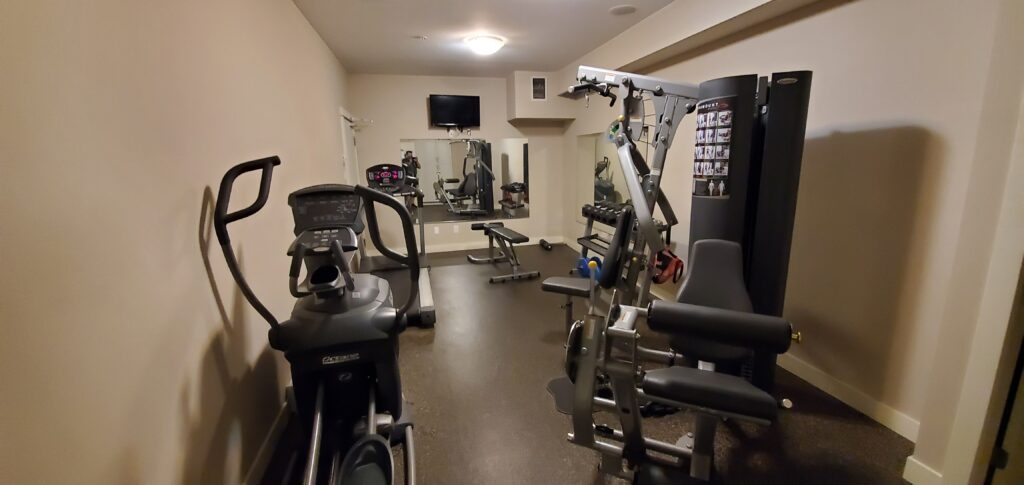 A home gym with a treadmill, elliptical, machines, and free-weights. A t.v is mounted on the wall above a large mirror.